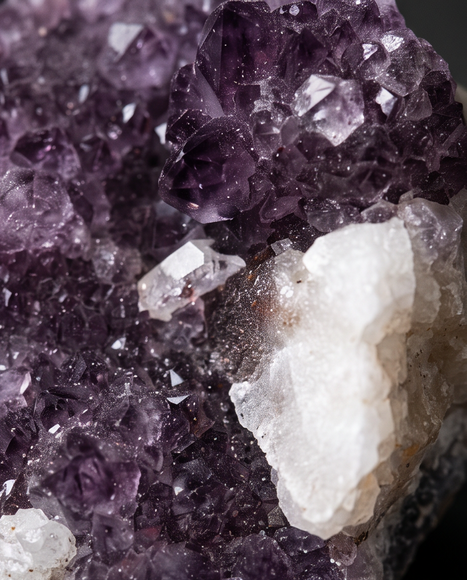 Drusa di Ametista con inclusioni di Calcite bianca
