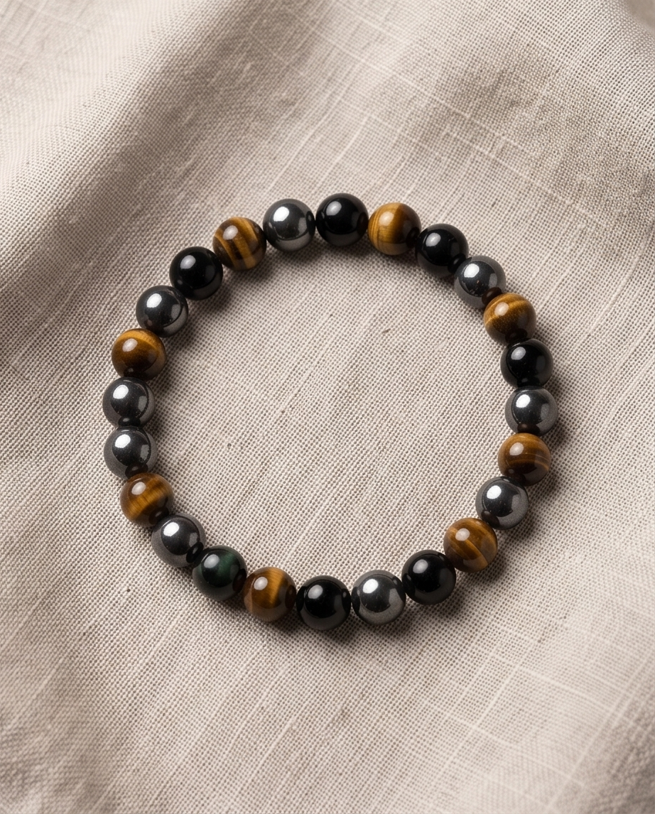 Bracciale tripla protezione ( Occhio di tigre, Ematite, Ossidiana ) 4 millimetri
