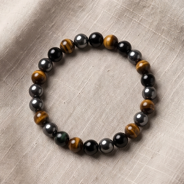 Bracciale tripla protezione ( Occhio di tigre, Ematite, Ossidiana ) 4 millimetri