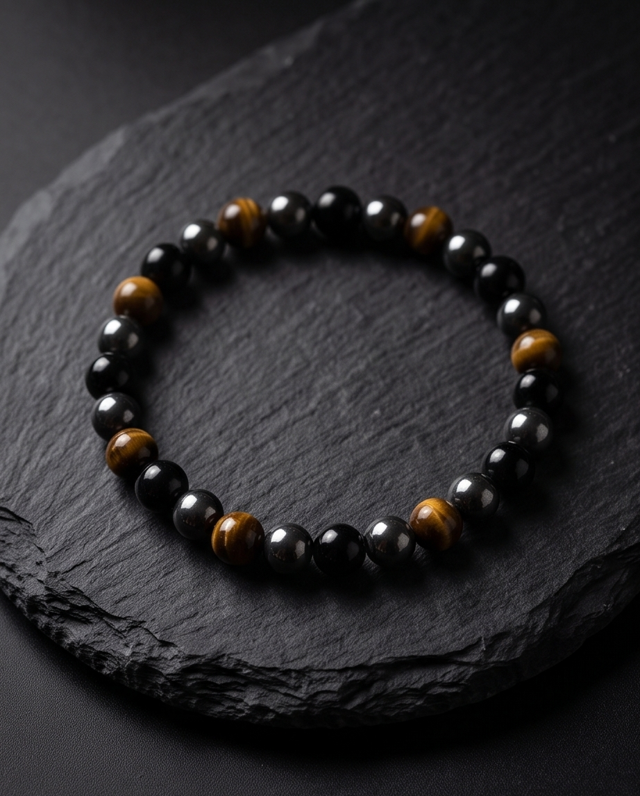 Bracciale tripla protezione ( Occhio di tigre, Ematite, Ossidiana ) 4 millimetri