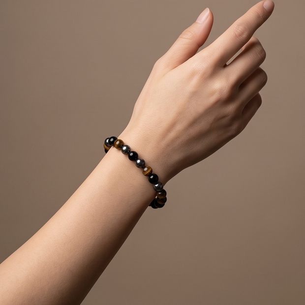 Bracciale tripla protezione ( Occhio di tigre, Ematite, Ossidiana ) 4 millimetri