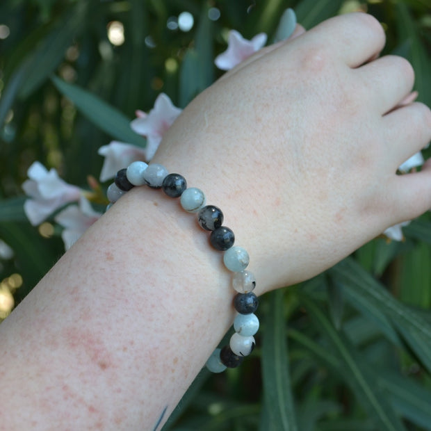 Bracciale Trio Quarzo Tormalinato, Larvikite, Celestina ( Taglia uomo ) 8 millimetri
