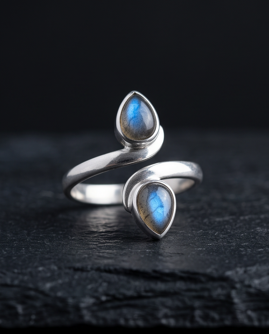 Anello Doppia Goccia in Labradorite