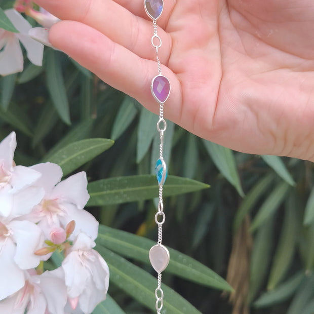 Bracciale Combo Goccia Ametista + Labradorite verde + Topazio + Quarzo rosa + Labradorite bianca