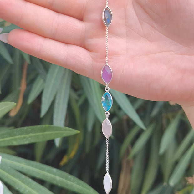 Bracciale Combo Foglia Ametista + Labradorite verde + Topazio + Quarzo rosa + Labradorite bianca