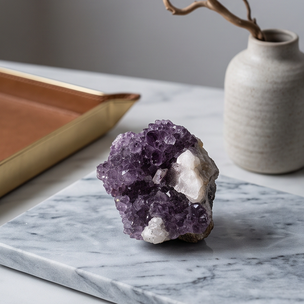Drusa di Ametista con inclusioni di Calcite bianca