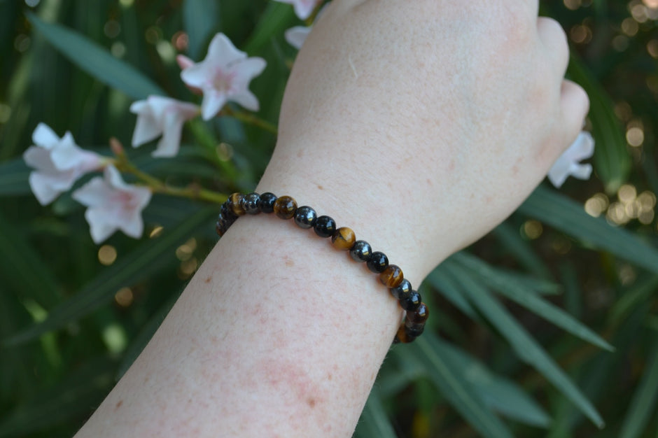 Bracciale tripla protezione ( Occhio di tigre, Ematite, Ossidiana ) 4 millimetri