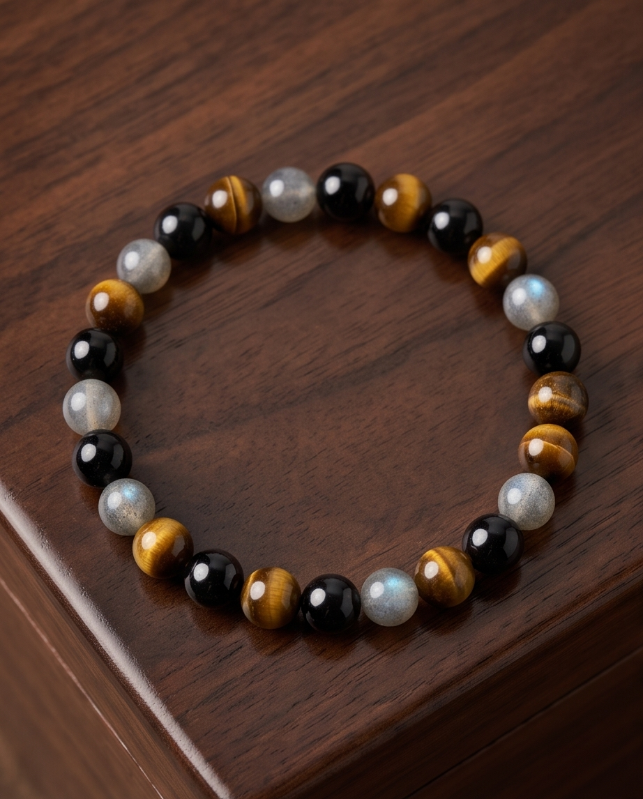Bracciale Totale protezione ( Tormalina, Occhio di tigre, Labradorite bianca ) 4 millimetri