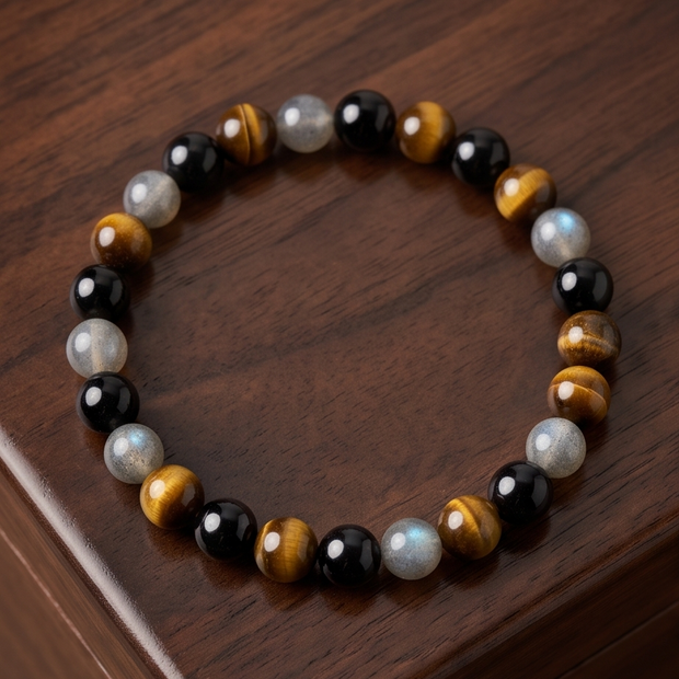 Bracciale Totale protezione ( Tormalina, Occhio di tigre, Labradorite bianca ) 4 millimetri